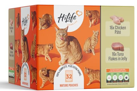 HiLife Mature Wet Cat Food for Senior Cats, Mixed Tuna & Chicken Recipes, Complete Senior Cat Food Pouches, 100% Natural & Grain Free (32 x 70g Pouches)