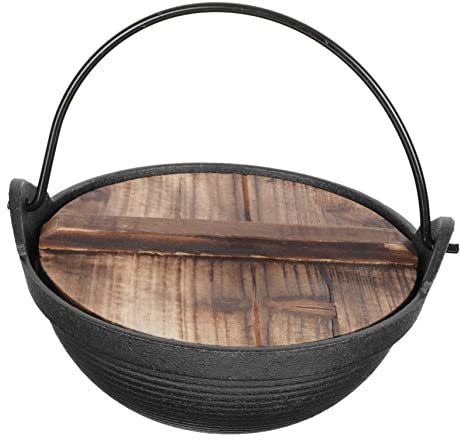 Yardenfun 18Cm Japanese Style Sukiyaki Tetsu Pot Cast Iron Sukiyaki Pan with Wooden Lid and Trivet Hanging Stove Nabemono Hot Pot Home Use or Hiking Stove Pan Stockpot Wok for Outdoor