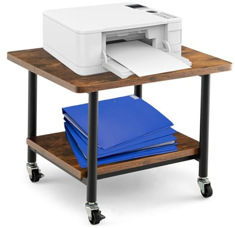 SFAREST Printer Stand with Storage, 2-Tier Under Desk Rolling Utility Cart with Lockable Wheels, Space Saving Mobile Printer Rack Shelf for Home Office (Rustic Brown)