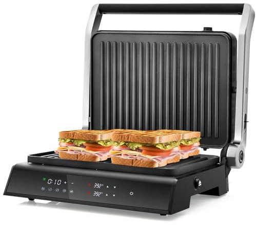 GiantexUK 3-in-1 Electric Non-Stick Grill, Panini Maker & Sandwich Toaster with 4H Timer, 5 Auto Modes & Removable Drip Tray, Adjustable Temperature Control, 1200W (Glass Top)