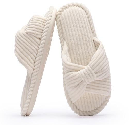 Chantomoo tofflor för kvinnor minnesskum hustofflor för kvinna hem sovrum badrum spa bröllop resa sjukhus öppen tå manchestertofflor halkfri mysig bekväm,Beige,40/41 EU