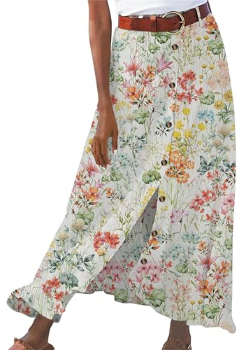OMZIN Mujeres Verano Maxi Botón Abajo Lino Faldas A-Line Faldas A-Line Faldas Acampanadas Cintura Alta Faldas Flores Coloridas L