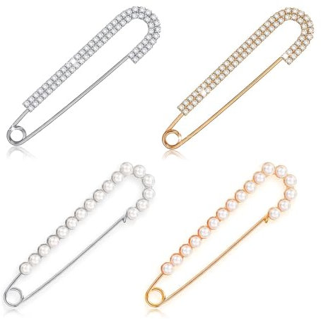 4 Stück Damen Broschen Pins Pullover Schal Clips, 2 Stilen, Sicherheitsnadel Perle Strass Pullover Clip Schal Clip, Strickjacke Kleid Kleidungsstück Dekoration Zubehör für Damen Mädchen Kleidung