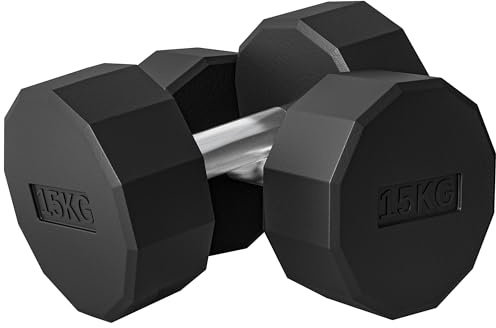 SPORTNOW Set 2 Manubri a 12 Lati da 2x15 kg in Metallo e Gomma, Set Manubri Palestra con Impugnatura Antiscivolo, 26x15.5x15.5 cm, Nero