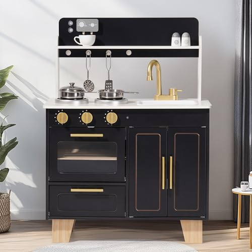 ROBOTIME Kids Wooden Play Kitchen - Realistic Pretend Play Toys with Coffee Machine, Marble Decorated Board, and Golden Tap - Perfect for Imaginative Role Play, Gift for Toddlers, Obsidian Black