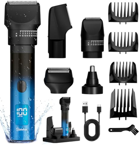 Hatteker Kit de Toilette Électrique 5 en 1 pour Hommes Tondeuse à Barbe, Coupe-Cheveux, Rasoir Corporel et Tondeuse à Nez Tout-en-Un, Rasoir Électrique Étanche IPX6 avec Affichage LED et Recharge USB