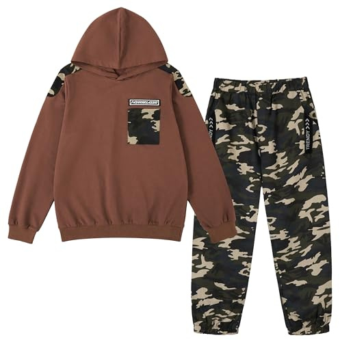 LOLANTA 2PCS Tuta da Ginnastica per Bambini Felpa per Ragazzi Top con Cappuccio e Pantaloni da Cargo Mimetici, Marrone, 12-13 anni, 170