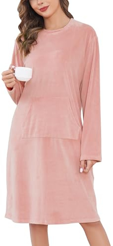 Vlazom Women's Nightdresses Luxury Fleece Nighties Long Sleeved Warm Nightshirt Sleepwear Nightgown for Cold S-XXL