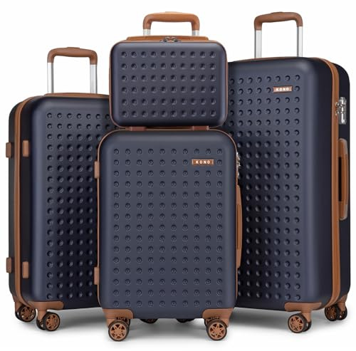 Kono Set de 4 Valises Rigides (14/20/24/28 Pouces) ABS+PC Léger et Résistant, 4 roulettes Silencieuses 360° et Serrures TSA, Grandes Capacités, Marine