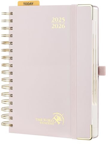 POPRUN Tagesplaner 2025 2026 Ringbuch mit Hardcover 21,5 x 14,5 cm, Tageskalender A5 1 Tag 1 Seite (Montag - Sonntag), Terminplaner (Aug.2025-Jul.2026) mit Plastiklineal - Hellrosa