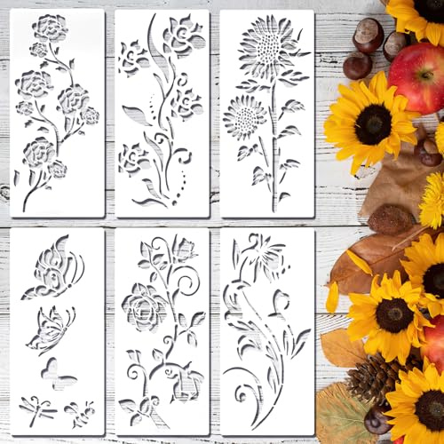 6 Stück Blumen Schablone Wiederverwendbare Malschablonen 35×15cm DIY Schablonen Textilgestaltung für Scrapbooking Holz Boden Wandfliesen Textilien