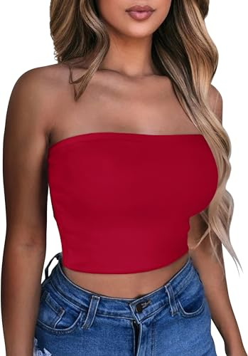 Crop Tube Tops for Women Summer Strapless Tunic Tank Sleeveless Slim Fit Vest(Red,M)