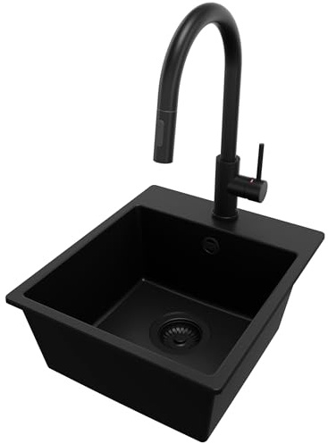 PRIMAGRAN Fregadero Granito al Mueble 40cm + Grifo, 38x44cm | Set: Grifo BW9010 + Kit de desagüe (sifón, válvula, rebosadero) + Riga Easy 1 Seno para Cocina, Todo Negro