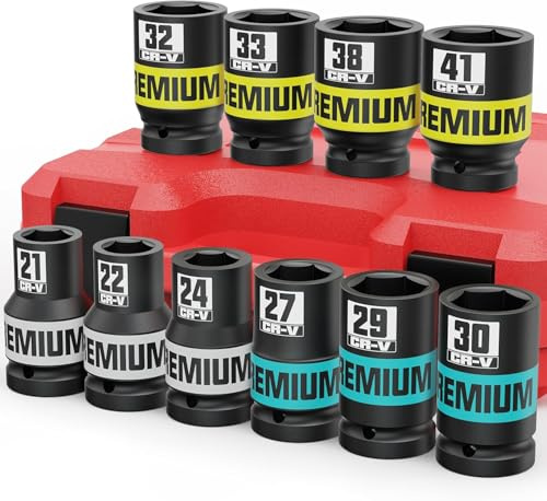Aurlloct 10 Piezas Juego de Llaves de Vaso de Impacto 1, 21-41 mm Vasos de Impacto Largo, Ferramentas Auto para Reparación de Coches Cambio de Neumáticos