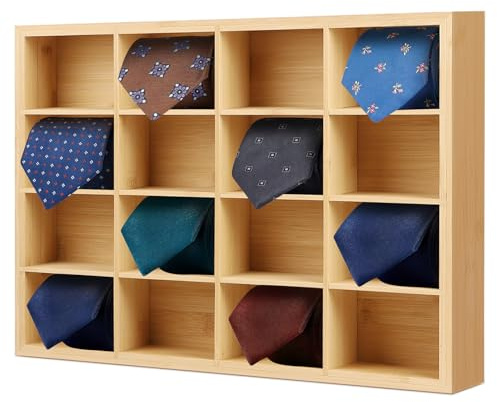 DBREAKS Bambus Krawattenhalter 16 Fächer Wandmontage (Grundfarbe) | 16 Fächer zur Wandmontage, als Krawatten-Display, für Geschäftsleute, Ordnung im Kleiderschrank