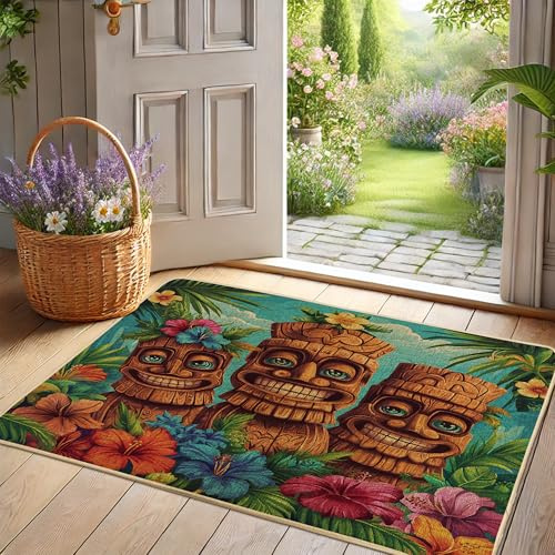 Tropical Tiki Doormat, Wooden Tiki Masks Door Mat for Outdoor & Indoor Entrance Summer Decor, Rubber Waterproof Non-Slip Dust Absorbent Front Doormat, Easy Clean 29x17 Inch