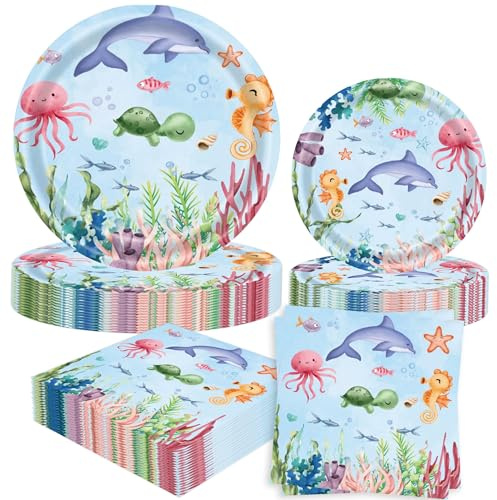 52 pcs océano platos y servilletas bajo el mar decoraciones para 16 invitados animales marinos bajo el agua playa verano fiesta de cumpleaños suministros