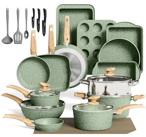 Kitchen Academy 30-Piece Pots and Pans Set Non Stick, Induction Hob Pan Set | Sage Green Granite Non Toxic Saucepans Set, Nonstick Kitchen Cookware & Bakeware, 100% PFOA & PFOS Free, Easy to Clean