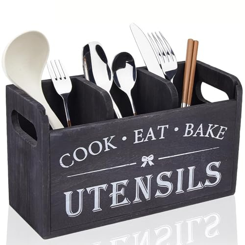 Fanxinzttc Grand Support Cuisine de Ustensiles avec 3 Compartiments, Rangement en Bois pour Comptoir de Cuisine, Décoration De Ferme, Rangement Rustique d’Ustensiles