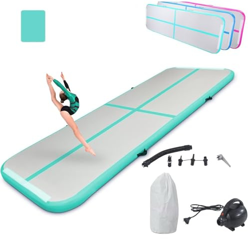 LSBIKE Air Matte Track, 3/4/5/6 M Tumbling Matte, Gymnastikmatte mit Luftpumpe, Trainingsmatte Turnmatte für Zuhause, Outdoor, Yoga, Übungsgymnastik usw, Rutschfest & wasserdicht (Grün, 5m/16ft)