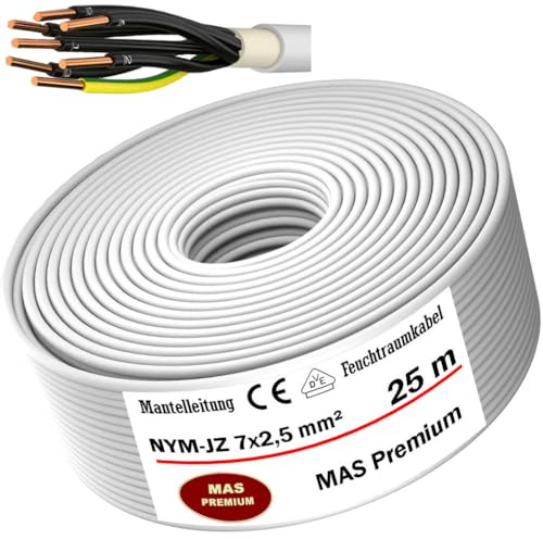 MAS Premium Feuchtraumkabel Stromkabel 5-100m Mantelleitung NYM-JZ 7x1,5 x2,5 NYM-JB 7x1,5 (Aderfarben) Elektro Strom Kabel Installationskabel OFC für feste Verlegung (NYM-JZ 7x2,5, 25m)
