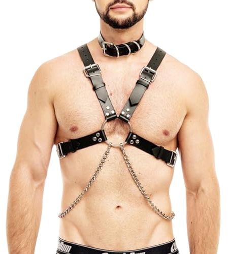 VKFOFEG Harness Männer Leder, Body Harness mit O-Ring Einstellbare Brustgeschirr, Festival Rave Outfit für Herren, Leder Harness Männe für Festivalfeier Rave Halloween Cosplay Ostern Karneval