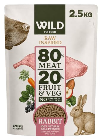 Wild Pet Food - Rabbit (2.5 kg) Dog Food Dry, Grain-Free and 80:20 Cold Pressed, Low Fat, High Protein and Nutritionally Complete - Hypoallergenic Dog Food, Gastrointestinal - Adult or Puppy