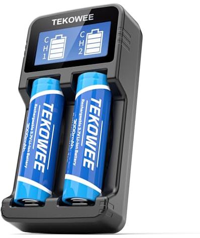 3.7V Rechargeable Batteries with 18650 Charger, 3000mAh 2 Pack Button-top Battery for Flashlights Headlamps Doorbells