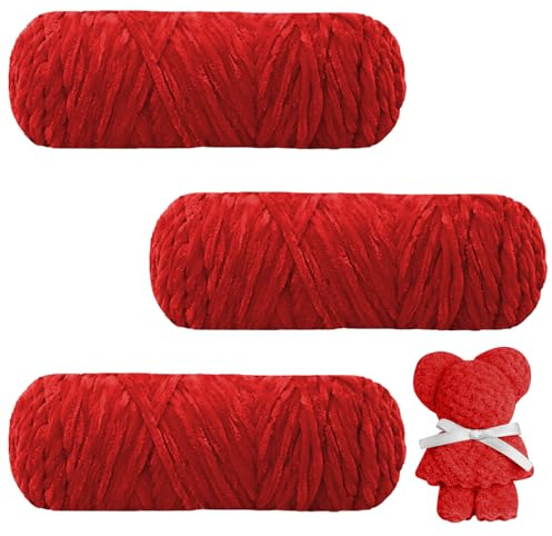 AUAUY Samtig Babywolle, Samt Wolle 300g(3×100g), Samt Chenille Garn, Kuschelweich Chenillegarn, Flauschige Weich Plüschwolle, Häkelgarn Wolle Zum Stricken & Häkeln Accessoire Kleidung Decken-Rot