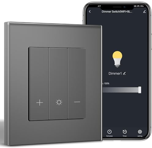 BSEEDLIFE Interruptor Regulador Inteligente WLAN con Marco de Cristal, Interruptor Regulable WiFi, Compatible con Alexa, Google Home, Interruptor de luz Empotrable, Gris(Se necesita Neutro)
