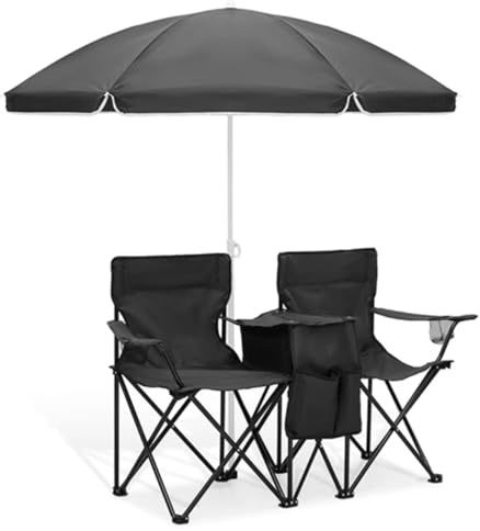 ZPVXRVQ Chaise de Camping Double Portable avec Parasol Canapé Pliant de Pique-Nique avec Sac de Transport, Poche Latérale, Porte-gobelet, Chaise de Plage pour Pique-Nique, Pêche, Plage(Schwarz)
