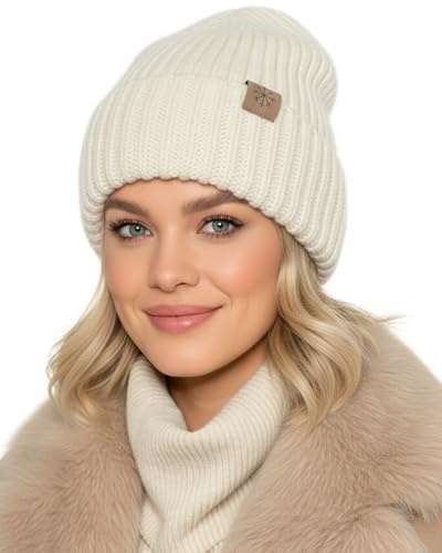 Baesics Beanie Mütze Damen Herren Weiß - Strickmütze Winter warm gefüttert