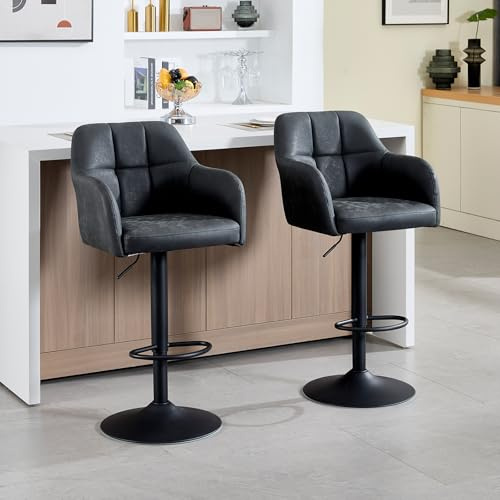 Orisnug Barhocker 2er Set Höhenverstellbar PU-Leder Küchenhocker Anthrazit | Barhocker mit Arm und Rückenlehne, gepolsterte Küchenhocker, Metallrahmen, für Küche, Restaurant, Bar