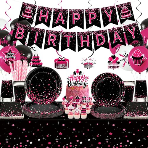 Obussgar Decorazione di compleanno rosa e nero - accessori per feste in rosa e nero, tra cui striscioni, piatti, decorazioni per torte, bicchieri, tovaglioli, palloncini, tovaglie, per 20 persone (LQ)
