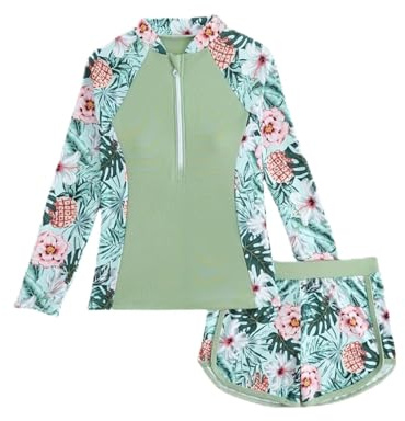 Generisch Traje de baño para niña, traje de baño para niña, manga larga, protector de rash con pantalones cortos, sol UPF 50+, traje de baño para niños, piscina, playa, verano, agua, Verde claro., 7-8
