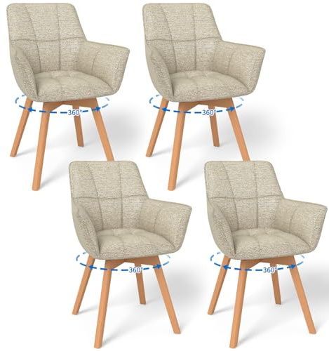 WAFTING 4er Set 360° Drehbare Esszimmerstühle mit Holzbeinen Khaki | Moderner Armlehne Polsterstuhl mit Stoffrückenlehne Bequem und Praktisch für Esszimmer Wohnzimmer Küche Schlafzimmer