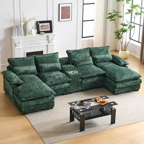 124.8'' U-Shaped Cloud Modular Sofa with Chaise Lounges, Chenille Comfy Sectional Couches for Living Room, Deep Seat Cloud Couch with Storage Console, USB & Type-C Ports, Cup Holders (Green)