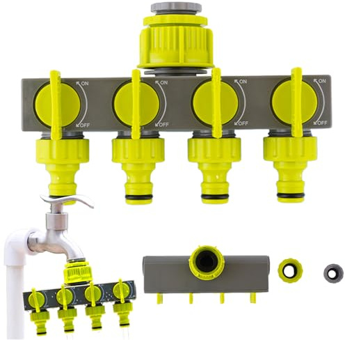 RoseFlower 4-Wege-Verteiler Wasser, 3/4 Zoll und 1/2 Zoll Gewinde Wasserhahn Wasserverteiler mit Adapter Strapazierfähiges PP-Material für Gartenbewässerung, Küche, Waschen-Grün