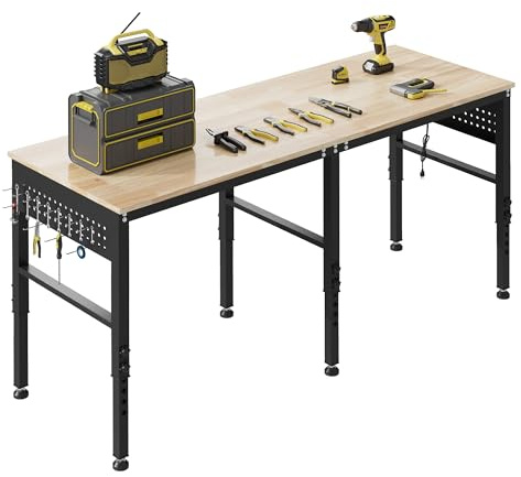 DNYKER 72 Adjustable Heavy Duty Workbench with Power Outlets & Pegboard, 2000 LBS Capacity Rubber Wood Top Work Table for Garage, Workshop, Home & Commercial