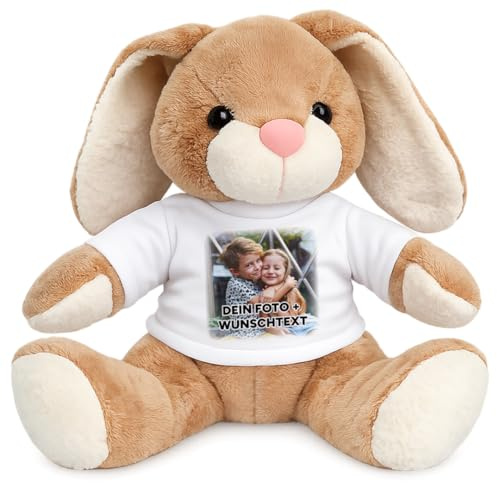 Kuscheltier Hase personalisiert – Flauschiges Plüschtier mit weißem T-Shirt zum Bedrucken – Weicher Teddybär für Babys & Kinder – Geschenk zur Geburt & Geburtstag