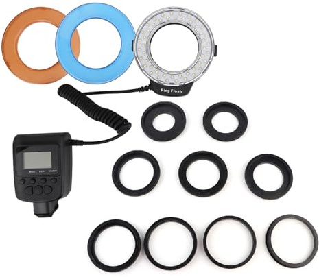 Kit portatile con flash ad anello da 48 LED con 9 anelli adattatori e 3 diffusori di colore per Fuji SLR Fotocamera Macro Fotografia Riprese video