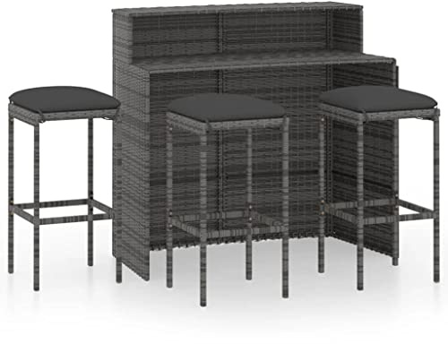 HFXHIJXQ 4-teiliges Balkon-Set aus wetterfestem Rattan Bar-Tisch 120 x 55 x 110 cm mit Hockern und Anthrazit-Kissen Robustes Gartenmöbel-Set modern für Balkon Terrasse Garten