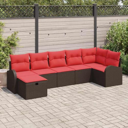 GeenYuu Sofa Set mit Kissen aus Poly-Rattan in Braun und Rot, wetterfestes Gartensofa mit Stauraum, modular für Terrasse, Balkon und Outdoor Lounge