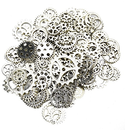 Makhry 150 Gram Assorted Vintage Metal Gear Steampunk Jewelry Making Charms Cog Watch Wheel for Crafting, Cosplay Halloween Decoration (Antique Silver)