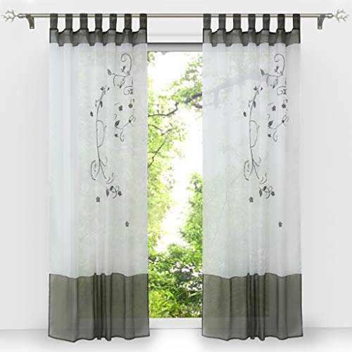 HongYa 1er-Pack Bestickte Gardine Transparenter Voile Vorhang Schlaufenschal H/B 225/140 cm Grau