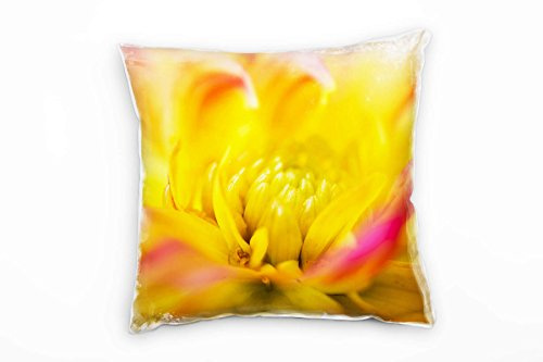 Paul Sinus Art Macro, Blumen, Dahlie, pink, gelb Deko Kissen 40x40cm für Couch Sofa Lounge Zierkissen - Dekoration zum Wohlfühlen