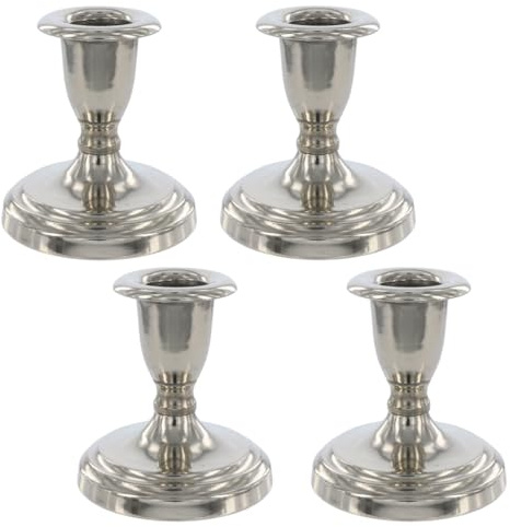 4er Set Metall Kerzenständer Stabkerzenhalter Kerzenleuchter, Silber Höhe 8cm mit rundem Fuß