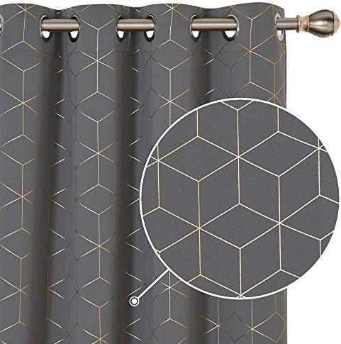 Deconovo Eyelet Gold Diamond Printed Blackout Curtains 72 Inch Drop, Thermal Insulated Curtains for Living Room, 46 x 72 Inch(Width x Length), Grey, One Pair