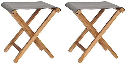 vidaXL 2X Teak Massiv Klappstuhl Gartenhocker Klapphocker Hocker Gartenstuhl Holzhocker Faltstuhl Campinghocker Sitzhocker Stoff Dunkelgrau