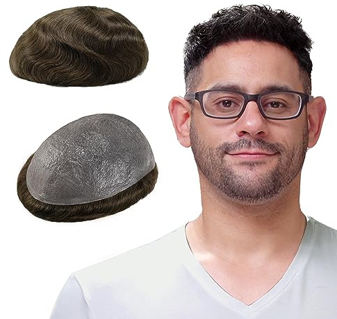 Lordhair Toupet Echthaar Männer,Perücke Männer,0,03 mm Dünne Leder Basis 20 * 25 CM Leichtes Haarersatzsystem Mittlerer Dichte,Toupet Natürlich eng anliegend, Elegant und Schön